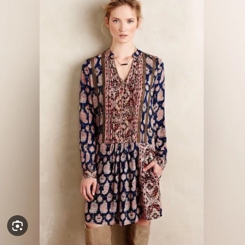 Anthropologie Blue and Brown Patterned Dress